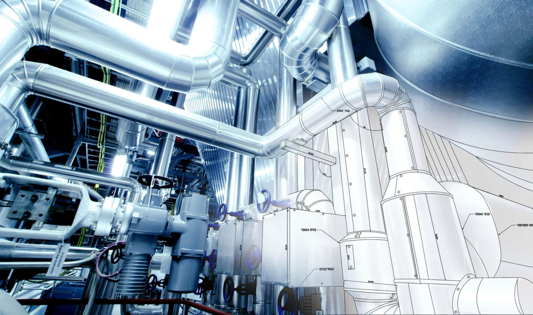 Industrial pipes and machinery inside a clean, metallic facility.