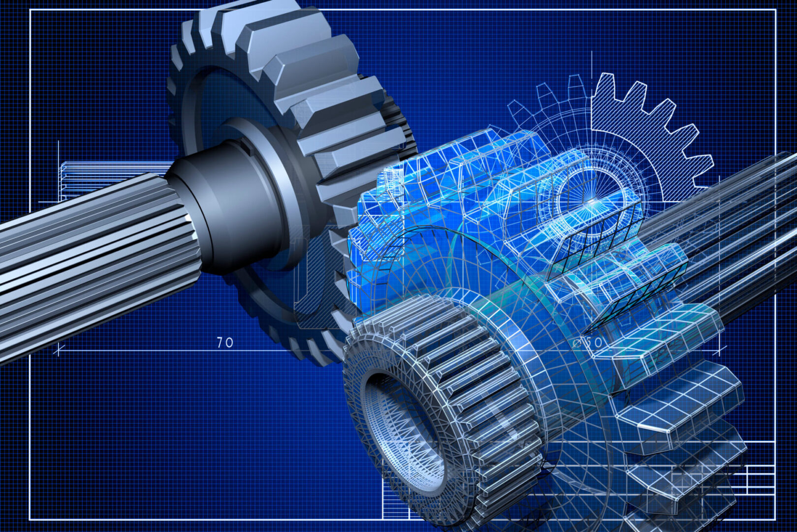 3D digital rendering of mechanical gears and components.